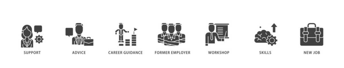 Outplacement icon infographic illustration concept with icon of mer employer, workshop, skills, new job, training, and presentation icon live stroke and easy to edit 
