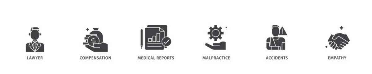 Personal injury law icon infographic illustration concept with icon of malpractice, empathy, accidents, medical reports, compensation, lawyer icon live stroke and easy to edit 