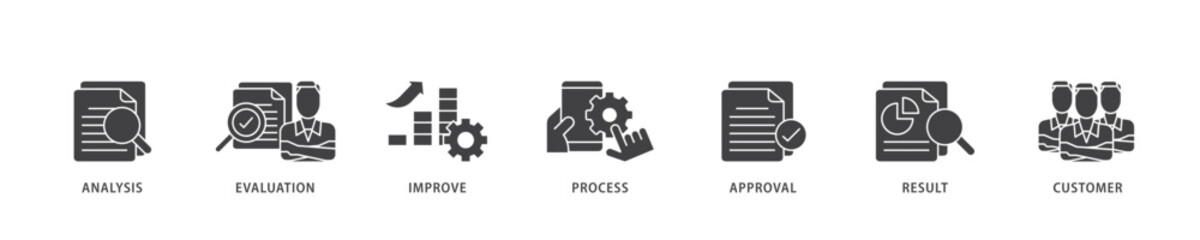 Quality control icon infographic illustration concept with icon of analysis, evaluation, improve, process, approval, result, and customer icon live stroke and easy to edit 