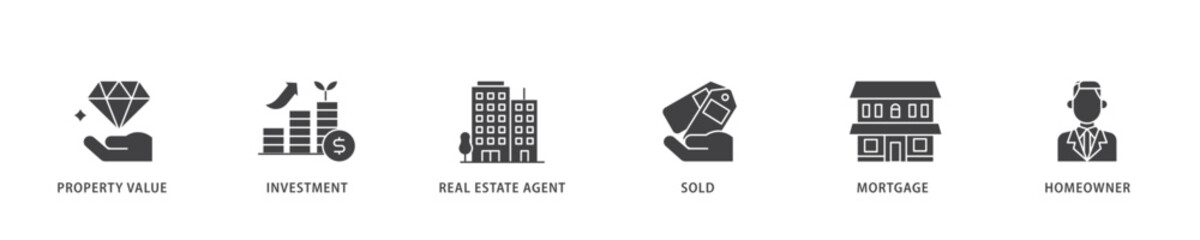 Real estate icon infographic illustration concept with icon of sold, home owner, mortgage, real estate, agent, investment, property value icon live stroke and easy to edit 