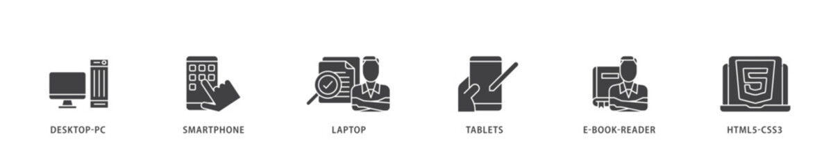 Responsive web design icon infographic illustration concept with icon of tablets, html5 css3, e book reader, laptop, smart phone, desktop pc icon live stroke and easy to edit 