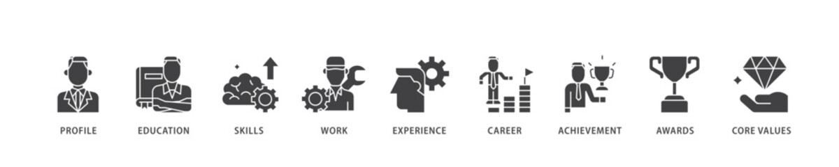 Resume icon infographic illustration concept with icon of profile, education, skills, work experience, career, achievement, awards, core values icon live stroke and easy to edit 