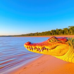Colorful crocodile basking by the river at sunset in a serene natural landscape