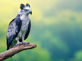 Fototapeta premium Majestic harpy eagle perched on a branch in lush green forest at dawn
