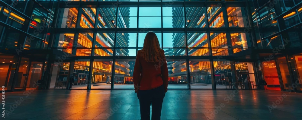 Poster a silhouette of a person standing in a modern building with vibrant lighting, showcasing a blend of 