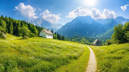 Obraz premium a beautiful green meadow with a path leading to a house