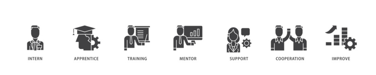 Trainee icon infographic illustration concept with icon of intern, apprentice, training, mentor, support, cooperation and improve icon live stroke and easy to edit 