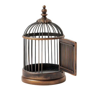 Antique birdcage with an open door, symbolizing freedom and escape, perfect for vintage decor or storytelling.