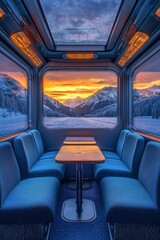 Fototapeta premium A modern train car with blue seats and an elegant table in the middle, a large window overlooking snow capped mountain outside at sunset,
