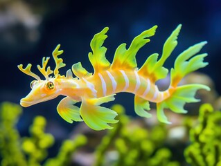 Ethereal leafy sea dragon gliding gracefully through vibrant underwater coral garden