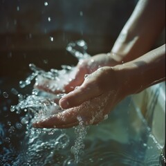 Fototapeta premium Two cupped hands hold flowing water, creating a moment of purity and tranquility captured under natural light.