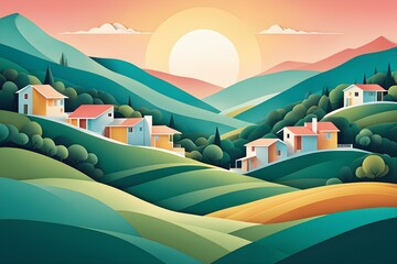 Fototapeta premium landscape set in paper art style featuring houses tucked between verdant trees and rolling hills