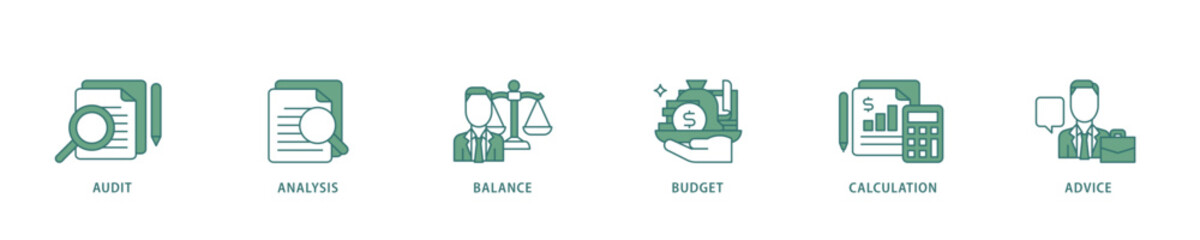 Accounting icon infographic illustration concept with icon of audit, analysis, balance, budget, calculation, and advice icon live stroke and easy to edit 