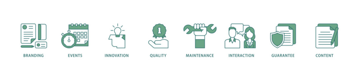 Customer engagement icon infographic illustration concept with icon of branding, events, innovation, quality, maintenance, interaction, guarantee, content icon live stroke and easy to edit 