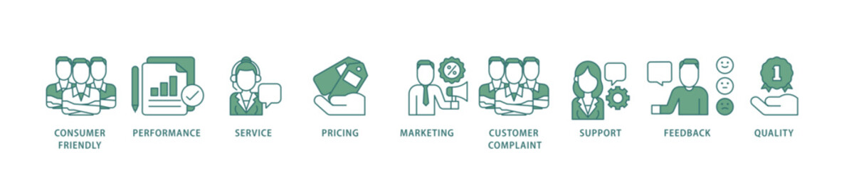 Customer satisfaction icon infographic illustration concept with icon of consumer friendly, performance, service, pricing, marketing, customer complaint icon live stroke and easy to edit 