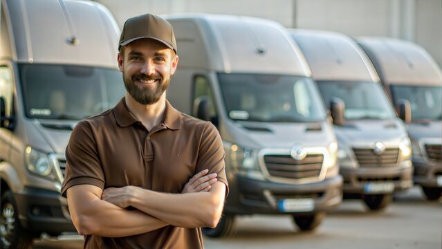 A  delivery driver standing in front of a fleet of delivery vehicles, emphasizing the scale of operations.