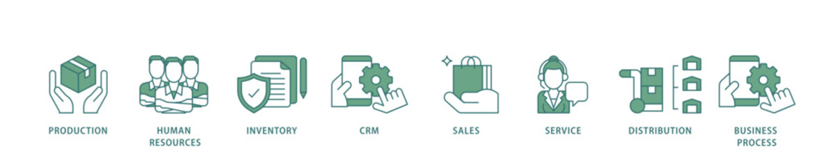 Enterprise resource planning icon infographic illustration concept with icon of production, human resources, inventory, crm, sales, service icon live stroke and easy to edit 