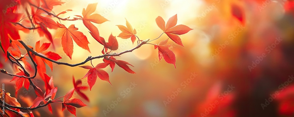 Poster a vibrant autumn scene featuring golden sunlight filtering through red leaves, creating a warm and i