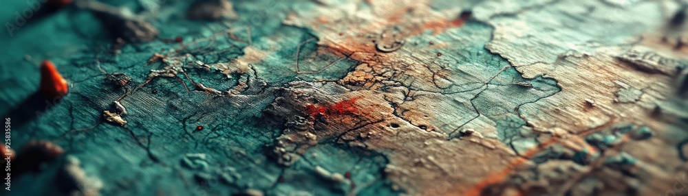 Poster close-up of a weathered, peeling paint surface, showcasing intricate textures and rich colors in a c