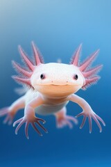 An axolotl swims gracefully in a tranquil aquatic setting under soft blue light