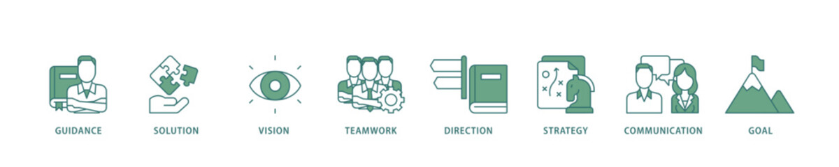 Leadership icon infographic illustration concept with icon of vision, skills, confidence, motivation, integrity, empowering icon live stroke and easy to edit 