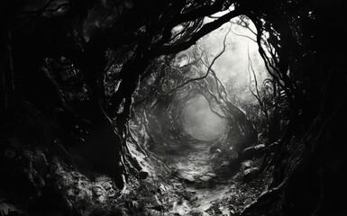 A haunting black and white tunnel surrounded by twisted roots, evoking mystery and intrigue in an eerie atmosphere.