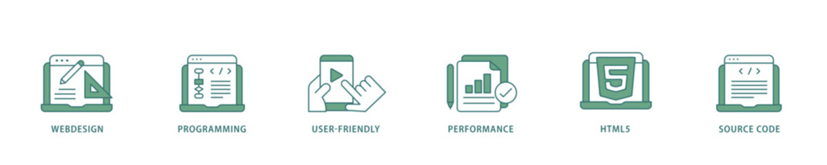 Mobile first icon infographic illustration concept with icon of webdesign, programming, user friendly, performance, html5 and source code icon live stroke and easy to edit 