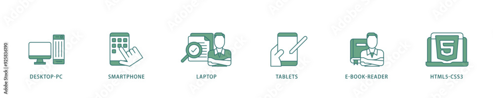 Poster responsive web design icon infographic illustration concept with icon of tablets, html5 css3, e book