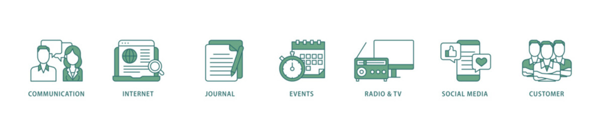 Public relations icon infographic illustration concept with icon of communication, internet, journal, events, radio, tv, social media, and customer icon live stroke and easy to edit 