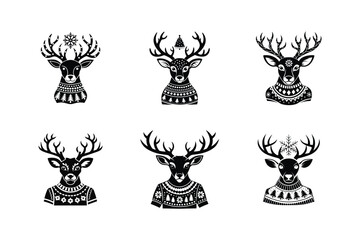 set of Deers head with Christmas ugly sweater day silhouette, vector, logo, icon, illustration design 