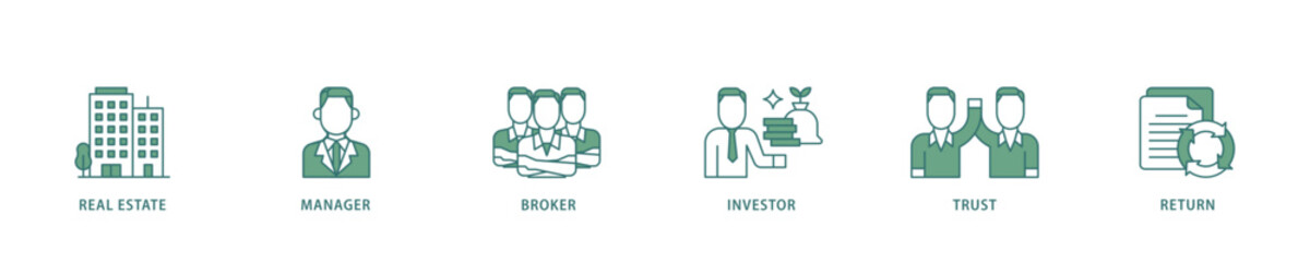 REIT icon infographic illustration concept with icon of real estate, manager, broker, investor, trust and return icon live stroke and easy to edit 