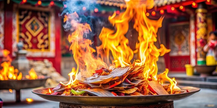 Burning joss paper during traditional Chinese ancestor worship ceremony , ancestor, worship, tradition, China
