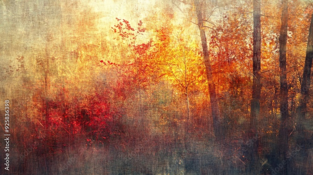 Poster a serene autumn landscape featuring vibrant foliage and soft light, creating a dreamlike atmosphere 