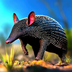 Obraz premium A vibrant armadillo foraging in a sunlit meadow during early morning hours