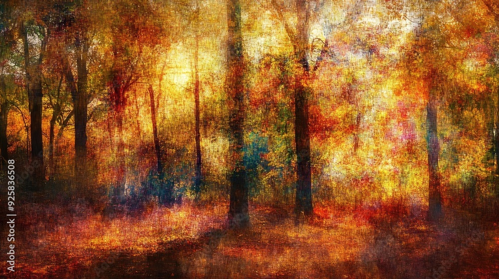 Aufkleber a vibrant forest scene showcasing autumn foliage and soft sunlight filtering through the colorful tr