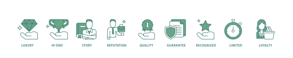 Superbrand icon infographic illustration concept with icon of luxury, hi end, story, reputation, quality, guarantee, recognized, limited and loyalty icon live stroke and easy to edit 