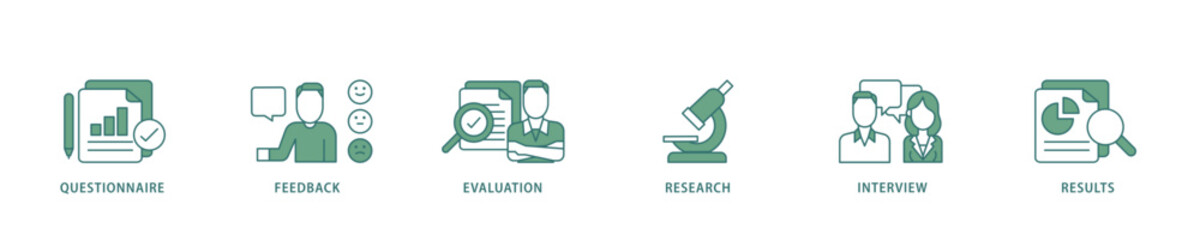 Survey icon infographic illustration concept with icon of evaluation, research, interview and result icon live stroke and easy to edit 