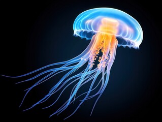 Obraz premium A glowing jellyfish gracefully pulsates through dark ocean waters at twilight