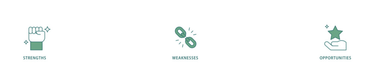 SWOT icon infographic illustration concept with icon of value, goal, break chain, low battery, growth, check, minus, and crisis icon live stroke and easy to edit 