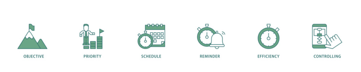 Time management icon infographic illustration concept with icon of objective, priority, schedule, reminder, efficiency, alerts, and controlling icon live stroke and easy to edit 