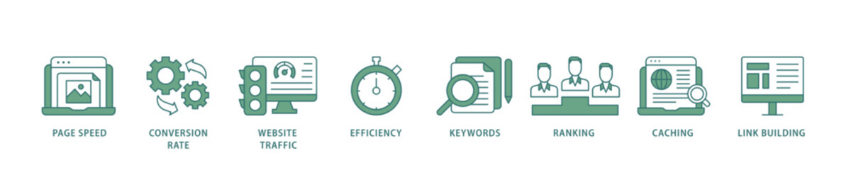 Website optimization icon infographic illustration concept with icon of page speed, conversion rate, website traffic, efficiency, keywords, ranking, caching  icon live stroke and easy to edit  © AFD