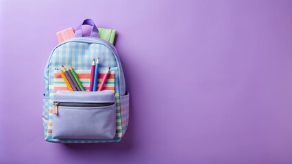 Stylish school backpack with assorted stationery items on lilac background, back to school, education, supplies, organized
