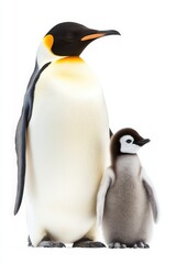 Fototapeta premium A majestic emperor penguin stands proudly beside its fluffy chick in a snowy landscape