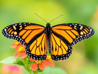 Naklejka premium Monarch butterfly gracefully rests on vibrant orange flowers in a sunny garden