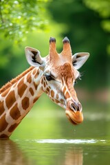 Obraz premium A graceful giraffe drinks from a serene water body in a lush green environment