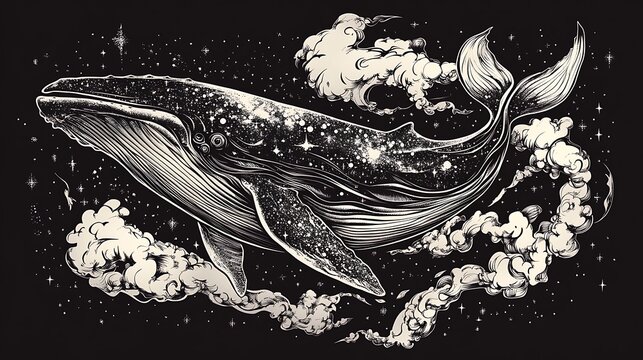 A black and white illustration of a whale with a cosmic design on its body, surrounded by clouds in a starry night sky.