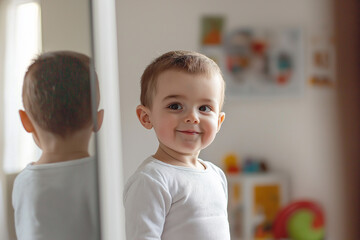 Obraz premium A smiling toddler in a white shirt standing indoors, reflecting joy and innocence with a playful expression.