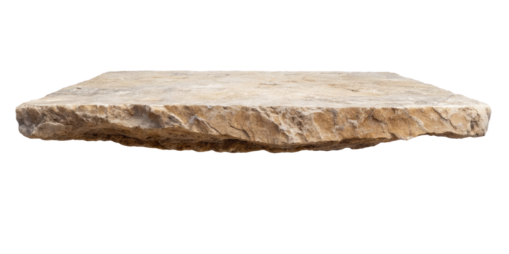 Rustic stone slab featuring rough edges and a natural finish, ideal for outdoor projects, landscaping, and rustic architectural designs. Isolated on transparent background, png.