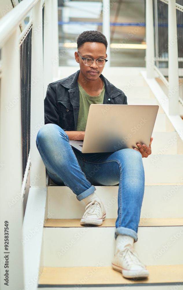 Poster laptop, typing and businessman for social media, stairs for content project or online in office for 
