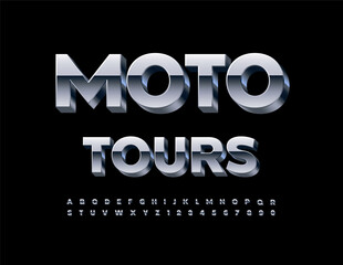 Vector advertising banner Moto Tours. Trendy Iron 3D Font. Silver Alphabet Letters and Numbers set.